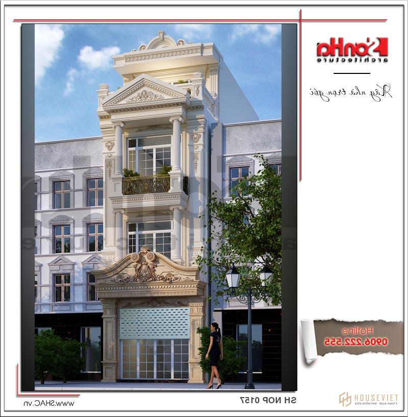 Mẫu nhà phố kiểu Pháp mặt tiền 4 mét rưỡi sang trọng và tinh tế tại Quảng Ninh - SH NOP 0157 28 Phong cách thiết kế nhà phố kiểu Pháp thanh thoát, đẹp mắt và vững chãi với hệ thống gờ, cột trụ đầy kiêu hãnh.