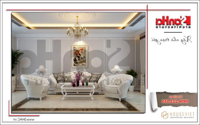 Mẫu nhà phố kiểu Pháp mặt tiền 4 mét rưỡi sang trọng và tinh tế tại Quảng Ninh - SH NOP 0157 30 Thiết kế nội thất phòng khách kiểu Pháp tiện nghi, trang nhã với tông màu sáng đẹp