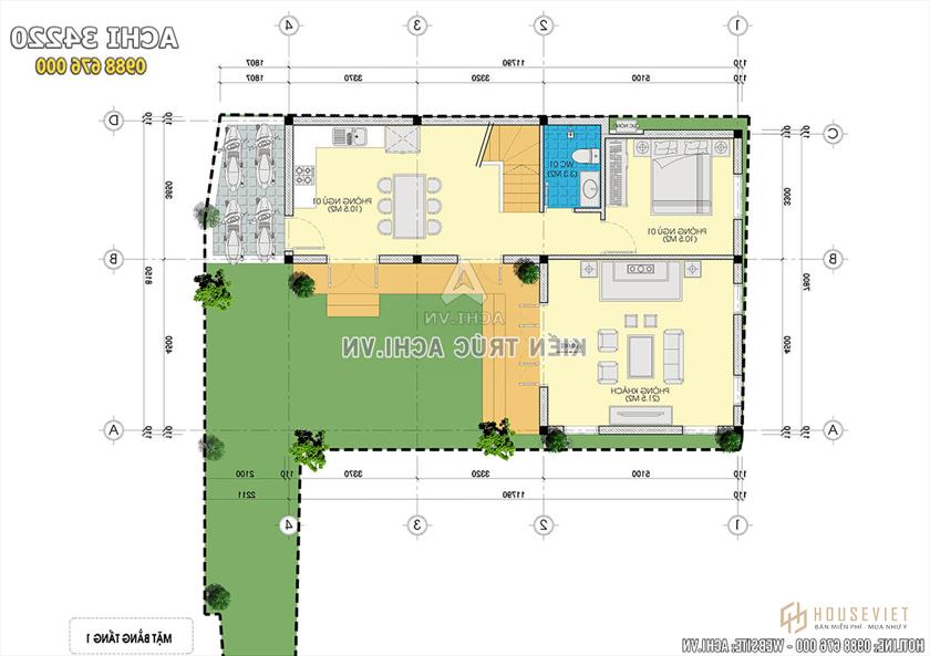 Mặt bằng tầng 1 mẫu thiết kế nhà hiện đại 3 tầng hình chữ L