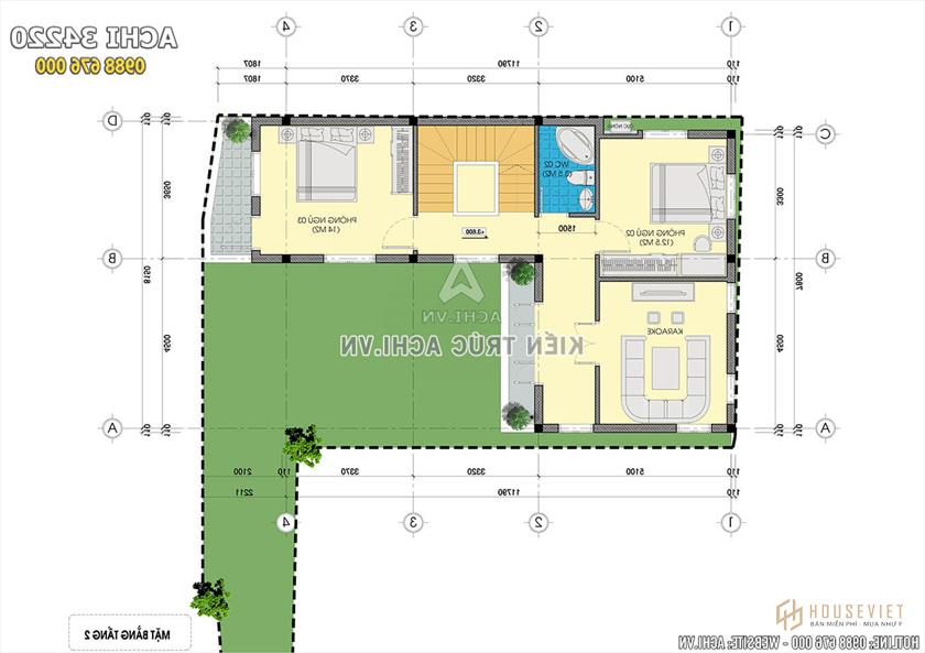 Mặt bằng tầng 2 của mẫu nhà chữ L hiện đại