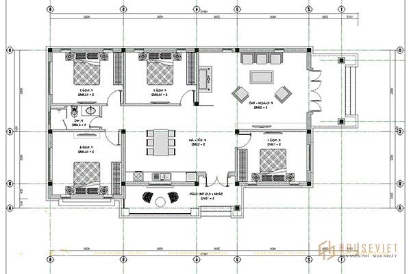 Bản vẽ nhà cấp 4 có kết cấu 4 phòng ngủ góc nhìn thẳng.