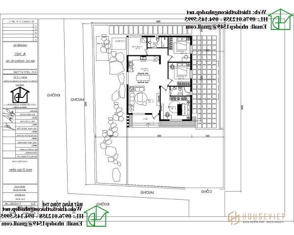 Mặt bằng tổng thể công năng sử dụng sân vườn của mẫu nhà cấp 4 mái thái đẹp kiểu nhật