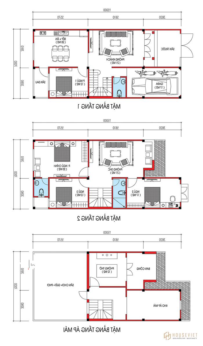 Bản vẽ bố trí nội thất nhà ngang 7m 3 tầng