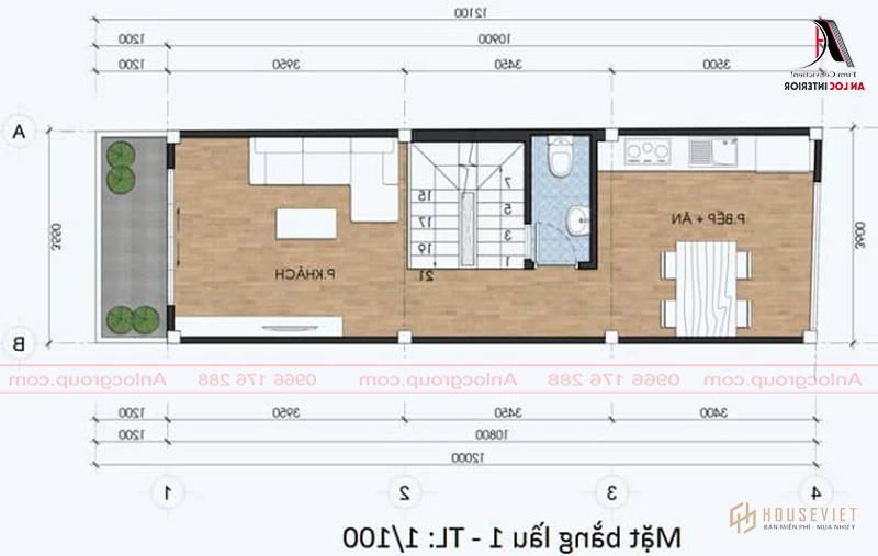 Phòng ăn và phòng khách được bố trí tinh tế, ở giữa là khu vệ sinh chung.