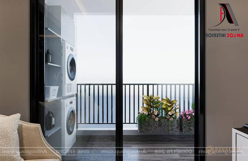 Khu vực giặt là không có cảm giác ấm và ẩm ướt mà được trang trí bằng cây xanh và gạch lát trang nhã