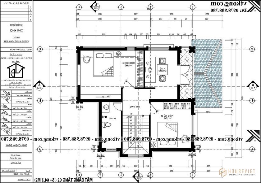 Bản vẽ chi tiết mặt bằng tầng 2 của biệt thự 2 tầng 9x9m kiểu Nhật