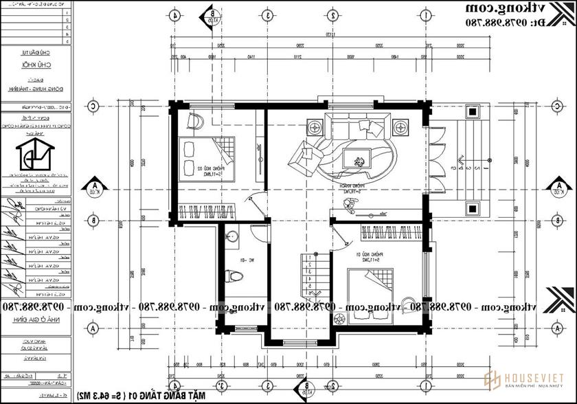 Bản vẽ chi tiết mặt bằng tầng 1 biệt thự 2 tầng 9x9m kiểu Nhật.  mái nhà