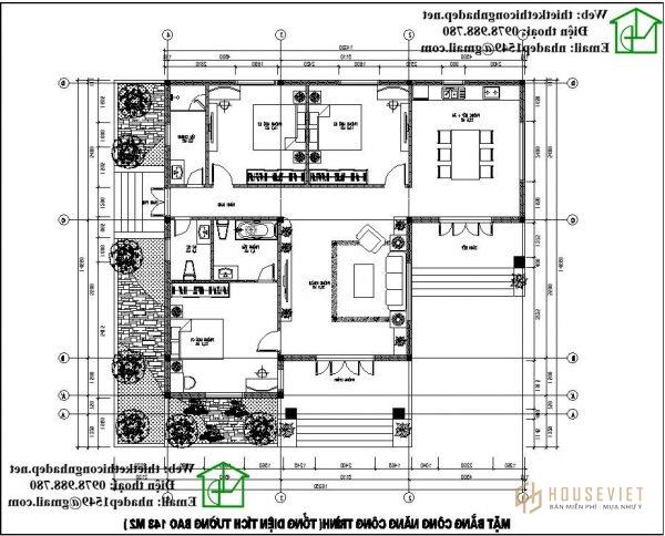 Mặt bằng công năng mẫu nhà mái thái 1 tầng đẹp NDBT1T43. 