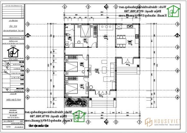 Mặt bằng nội thất biệt thự 1 tầng mái thái DBT1T48.  