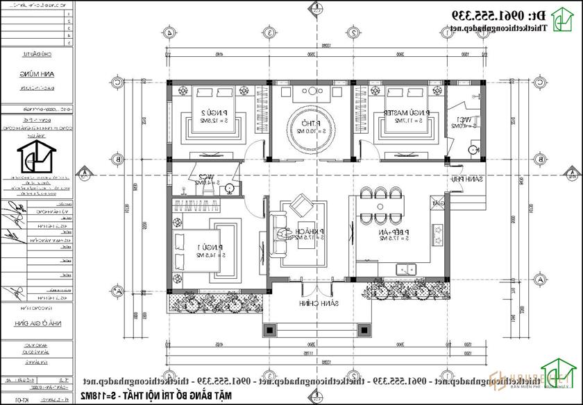 Mặt bằng nội thất nhà 1 tầng mái thái đẹp có 3 phòng ngủ 1 phòng thờ