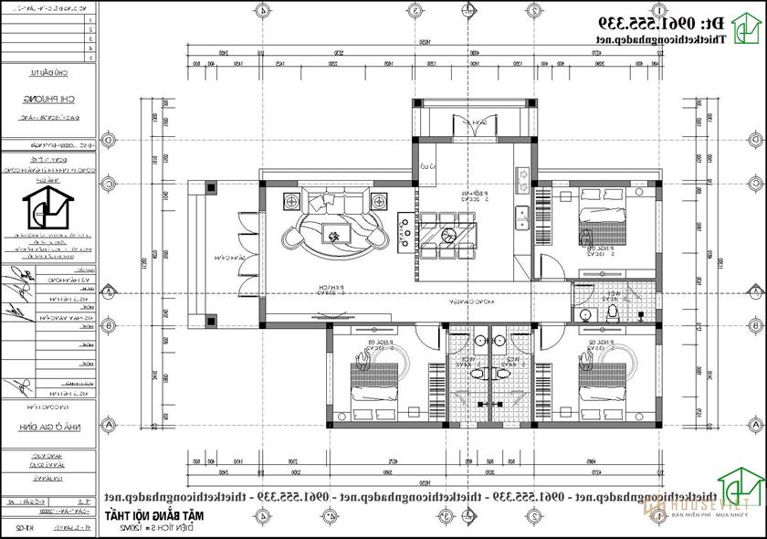 Mặt bằng nội thất mẫu thiết kế nhà 1 tầng 3 phòng ngủ 120m2 đẹp