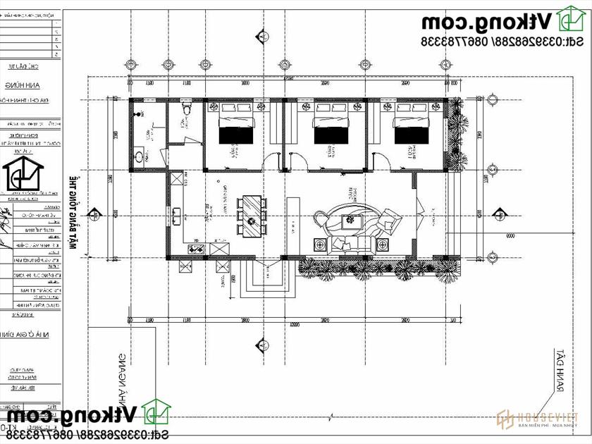 Bản vẽ mặt bằng công năng mẫu nhà cấp 4 mái bằng hiện đại và khoa học có 3 phòng ngủ