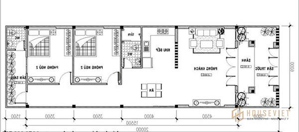 Bản vẽ nhà cấp 4 5x20m 2 phòng ngủ