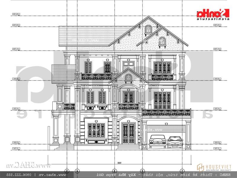 Mặt đứng tổng thể 1 thiết kế biệt thự Pháp tại Ninh Bình sh btp 0094