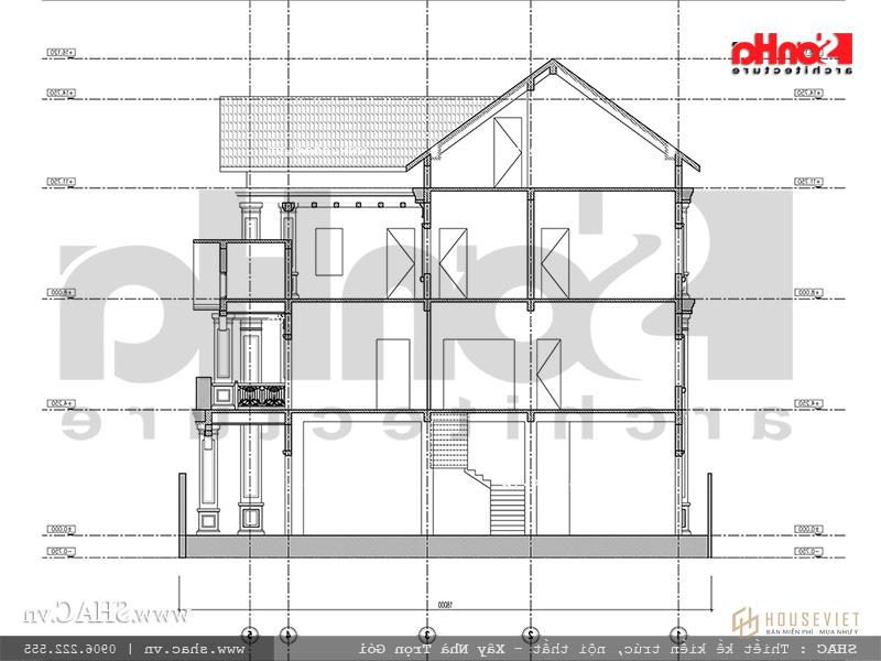 Mặt cắt 1-1 thiết kế biệt thự Pháp tại Ninh Bình sh btp 0094