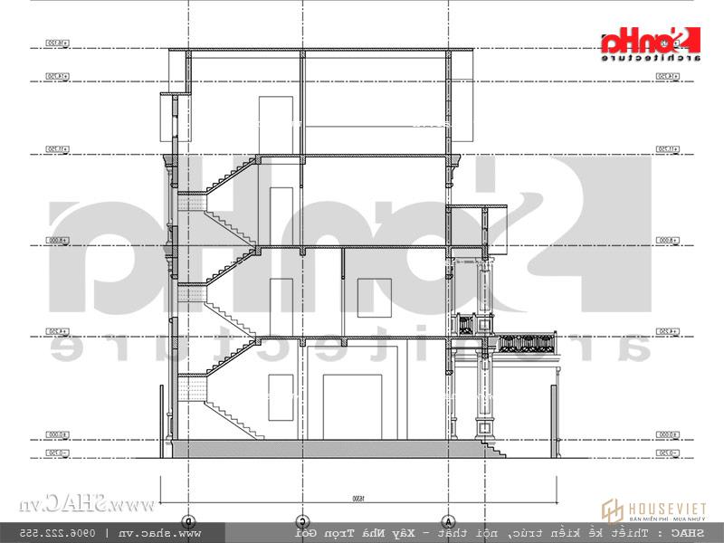 Mặt cắt 2-2 thiết kế biệt thự Pháp tại Ninh Bình sh btp 0094