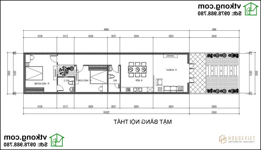 Mặt bằng nội thất mẫu nhà ống cấp 4 5x20m nc484