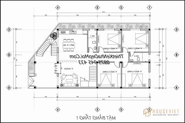 Bản vẽ mặt bằng nhà 2 tầng 3 mặt tiền 9x14m