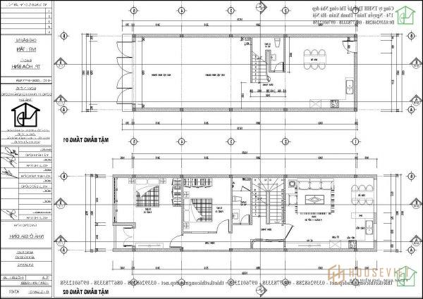 Mặt bằng tầng 1 và 2 mẫu nhà ống 3 tầng 5x17m 