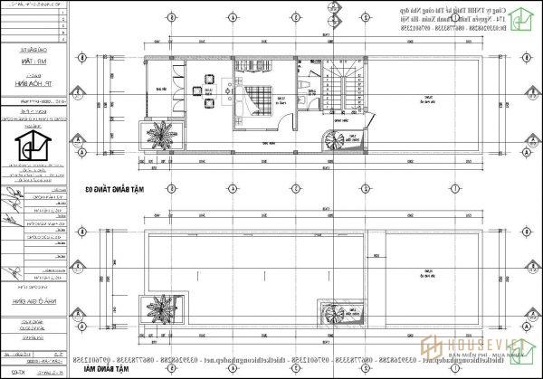 Mặt bằng tầng 1 và 2 mẫu nhà ống 3 tầng 5x17m 