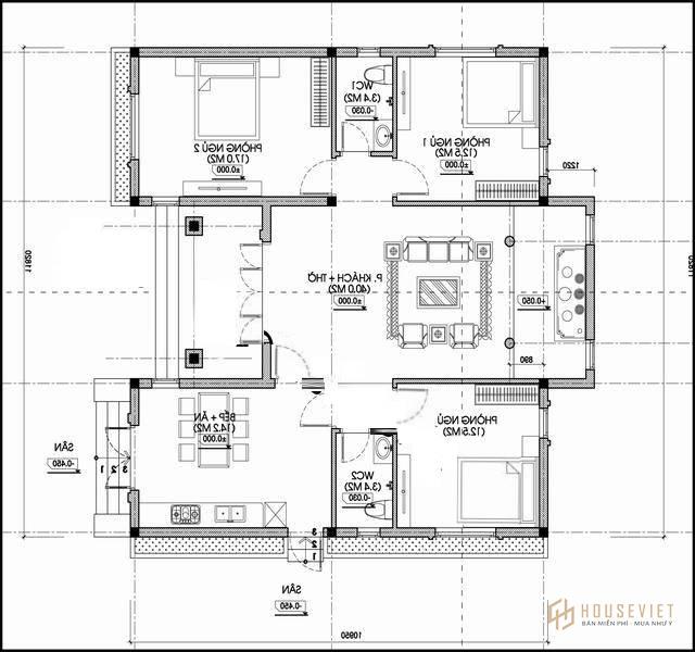 Mẫu nhà cấp 4 3 phòng ngủ chữ u