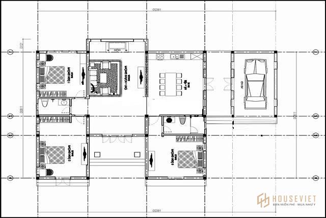 Mẫu nhà cấp 4 3 phòng ngủ chữ u