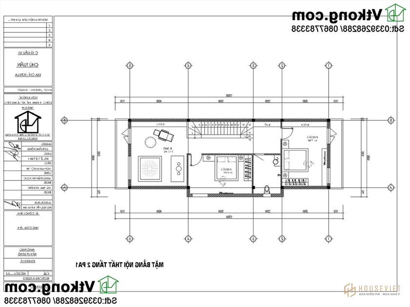 Phương án nội thất tầng 2 nhà phố 2 tầng mặt tiền 5m. 