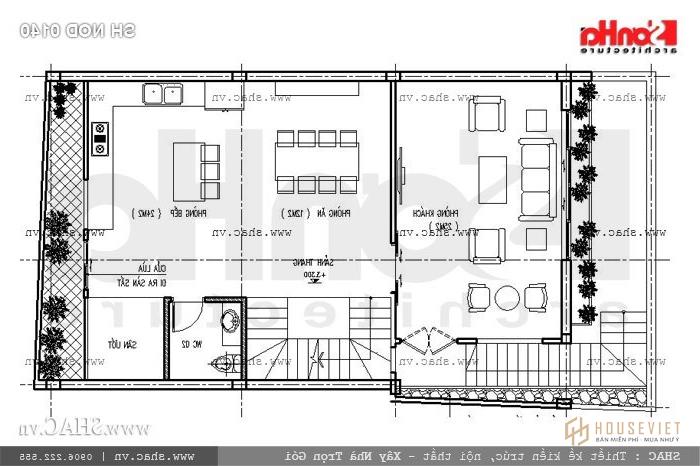 Bản vẽ mặt bằng nhà ống mặt tiền 8m tầng 2 sh gật 0140