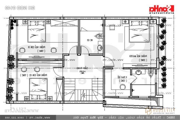 Bản vẽ mặt bằng nhà ống mặt tiền 8m tầng 3 sh gật 0140