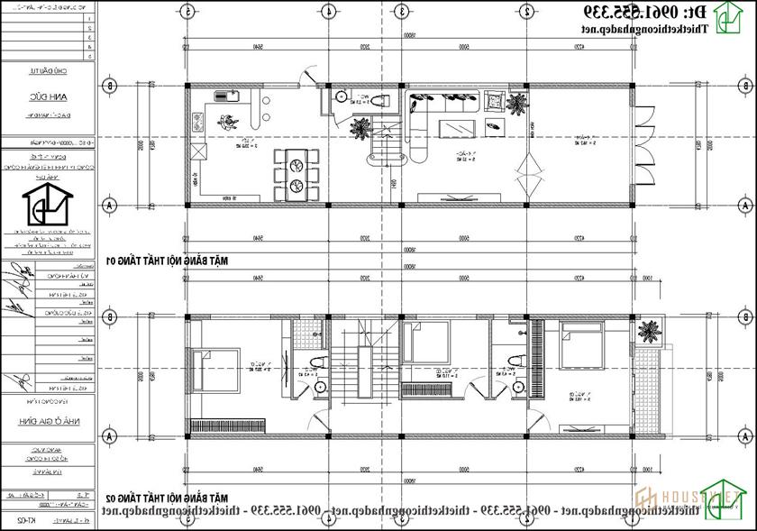 Mặt bằng nội thất tầng 1 và 2 của mẫu nhà ống 3 tầng 5x18m NDNP3T62