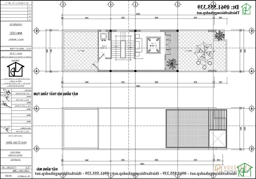 Mặt bằng nội thất tầng 3 và mái thái nhà ống 3 tầng 5x18m NDNP3T62