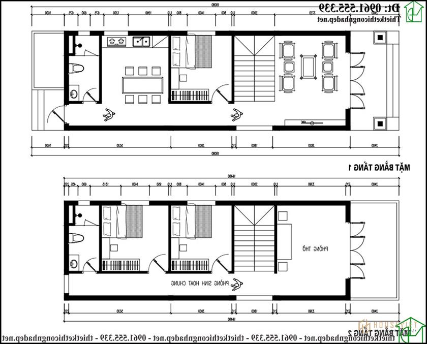 Phương án 1 - phương án nội thất nhà ống 2 tầng 5x18m NDNP2T28