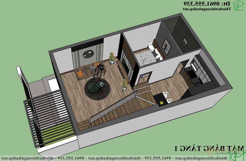 Phối cảnh 3D nội thất tầng 1 nhà ống 3 tầng 6x10m NDNP3T63