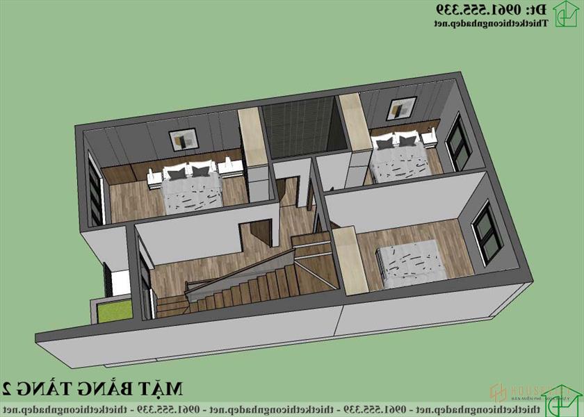 Phối cảnh 3D nội thất tầng 2 nhà ống 3 tầng NDNP3T63