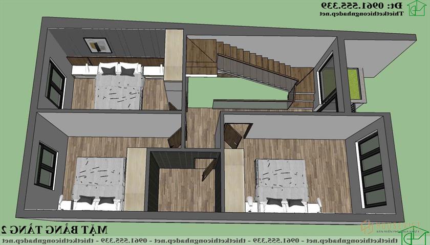 Phối cảnh 3D mặt bằng nội thất tầng 2 nhà phố 3 tầng 6x10m NDNP3T63