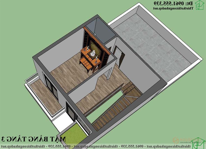 Phối cảnh 3D mặt bằng nội thất tầng 3 nhà phố 3 tầng 6x10m NDNP3T63