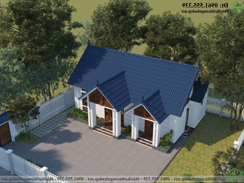 Phối cảnh tổng thể mẫu nhà cấp 4 mái thái 2 phòng ngủ 13x11m NDNC4166