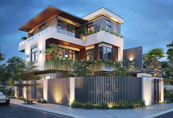 Mẫu thiết kế biệt thự 3 tầng 2 mặt tiền với màu xanh tự nhiên ấn tượng