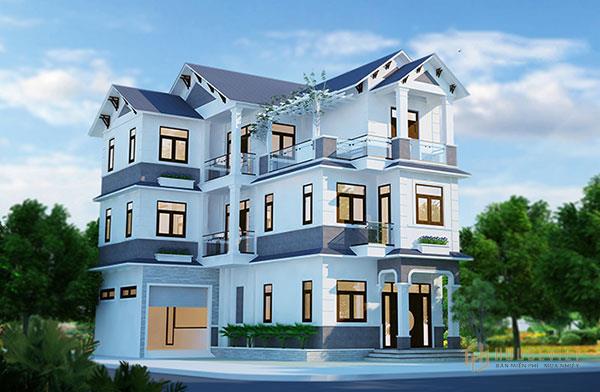 Mẫu thiết kế biệt thự 3 tầng 2 mặt tiền đều có cây xanh tạo cảm giác thoáng đãng, tươi mát