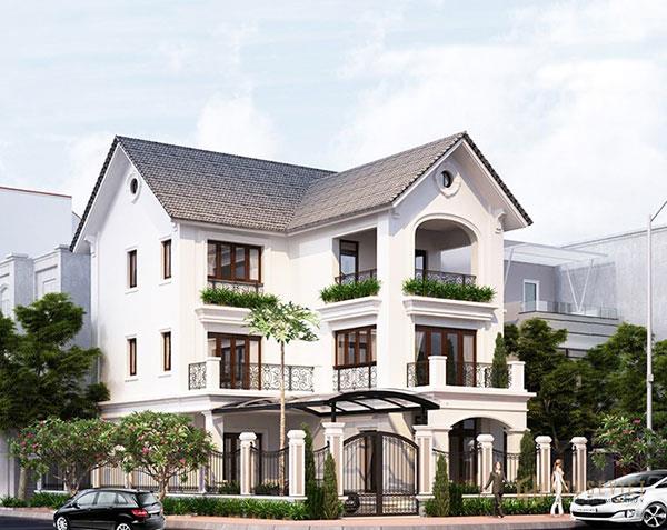 Nhà đẹp 3 tầng mái thái có màu sức bắt mắt kết hợp với hoạ tiết trang trí ấn tượng