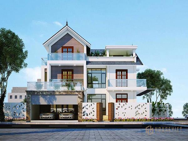 Mẫu thiết kế biệt thự 3 tầng mái thái có thêm gara để xe