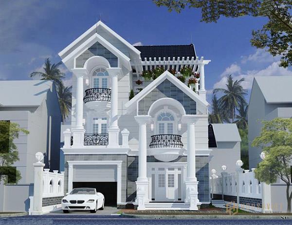 Mẫu biệt thự mini 3 tầng tân cổ điển với sắc trắng sang trọng và họa tiết trang trí thu hút