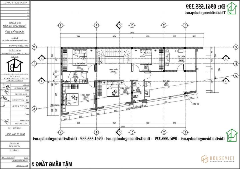Mặt bằng tầng 1 biệt thự 2 tầng hình thang vuông 7x15m NDBT2T127