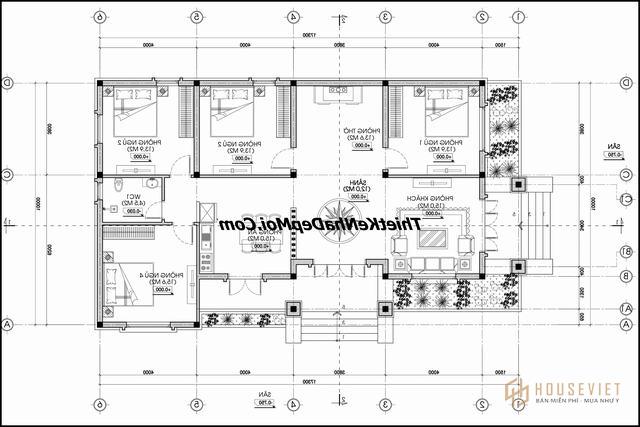 Bản vẽ nhà cấp 4 chữ L 4 phòng ngủ 1 phòng thờ