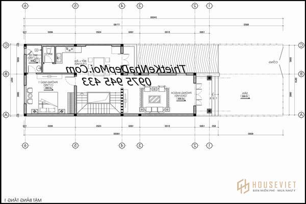 Bản vẽ mặt bằng nhà phố mái thái hình chữ L mặt tiền 7m.  băng qua