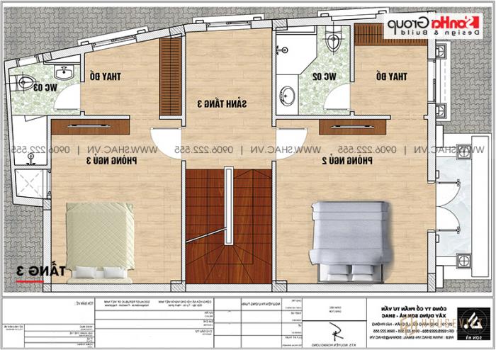 Biệt thự lâu đài mini 4 tầng 1 tum 90m2 sang trọng - SH BTLD 0042 6 Mặt bằng tầng 3 biệt thự lâu đài mini diện tích sàn 88,16m2 (7,6m x 11,6m) tại Hưng Yên