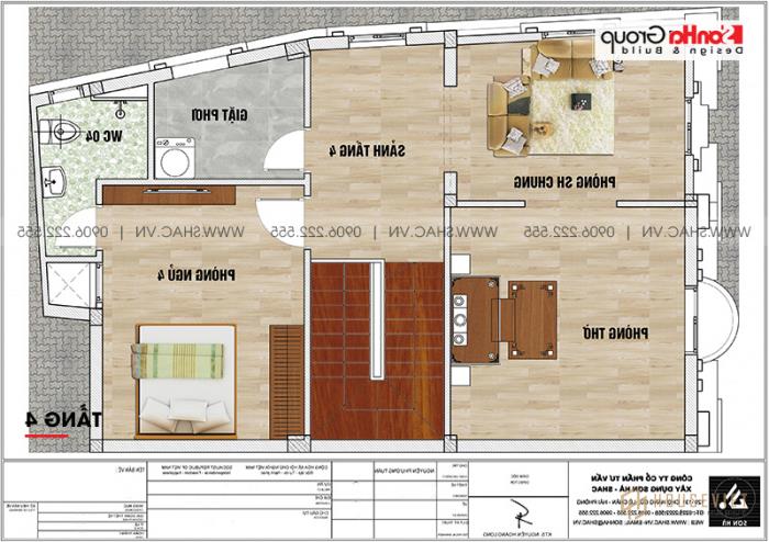 Biệt thự lâu đài mini 4 tầng 1 tum 90m2 sang trọng - SH BTLD 0042 7 Bản vẽ mặt bằng tầng 4 biệt thự lâu đài mini diện tích sàn 88,16m2 (7,6mx 11,6m) tại Hưng Yên