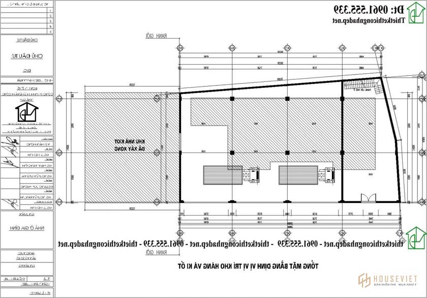 Mặt bằng tầng 1 KI ốt thiết kế biệt thự 1 tầng cổ điển 24x11m tại Phú Thọ NDBT1T126