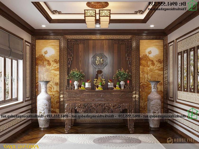 Thiết kế nội thất phòng thờ biệt thự 1 tầng cổ điển 24x11m NDBT1T126