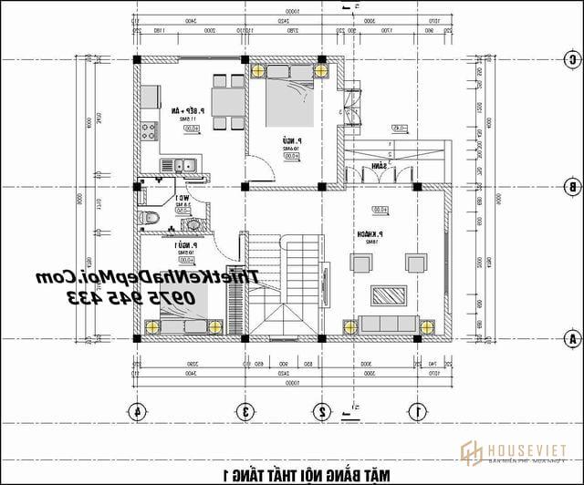Mặt bằng nhà vuông 2 tầng 5 phòng ngủ